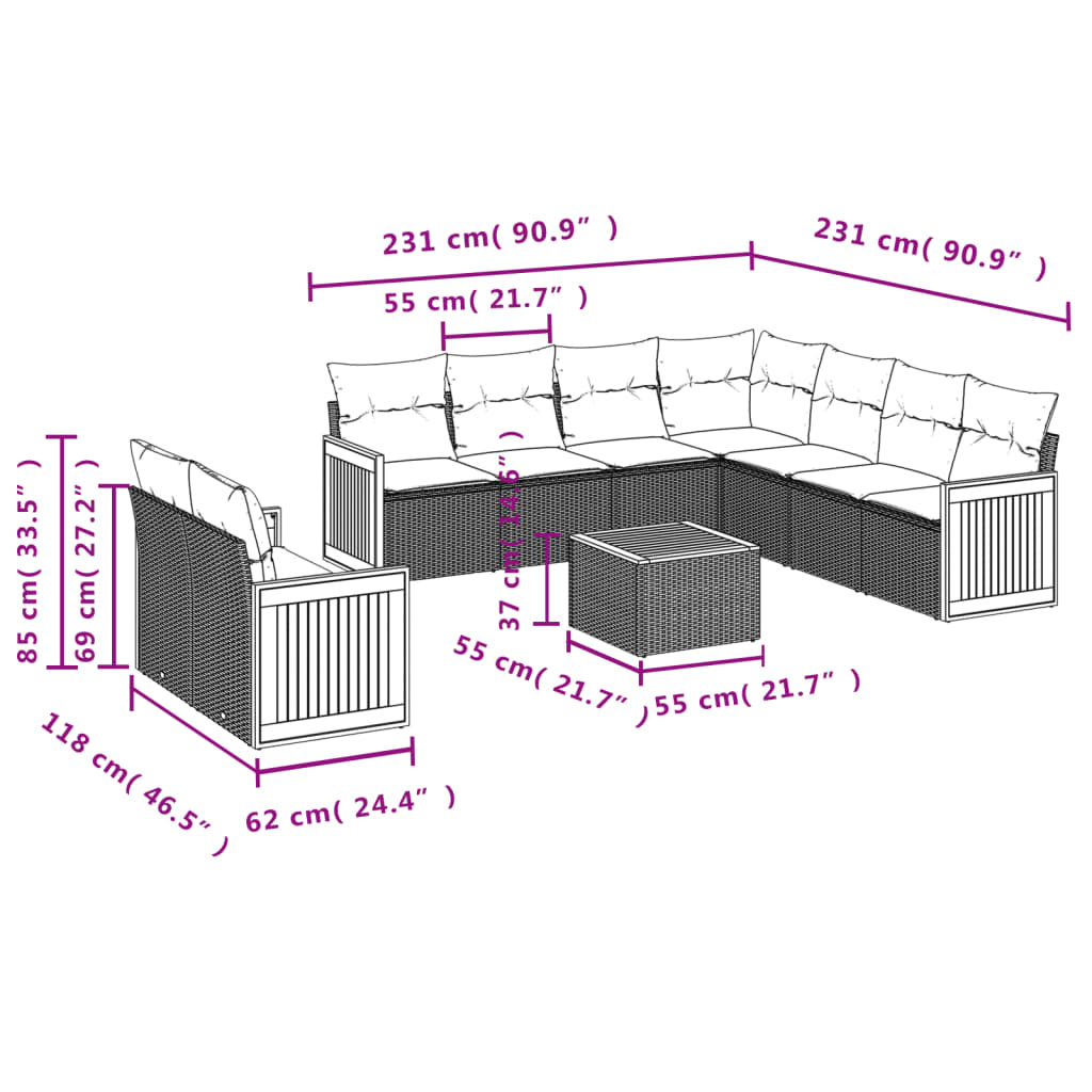 10-tlg. Garten-Sofagarnitur mit Kissen Schwarz Poly Rattan