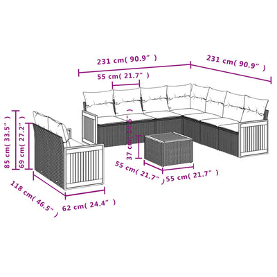 10-tlg. Garten-Sofagarnitur mit Kissen Schwarz Poly Rattan