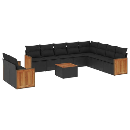 11-tlg. Garten-Sofagarnitur mit Kissen Schwarz Poly Rattan