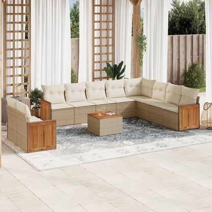 11-tlg. Garten-Sofagarnitur mit Kissen Beige Poly Rattan