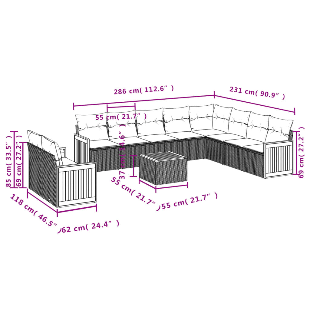 11-tlg. Garten-Sofagarnitur mit Kissen Grau Poly Rattan