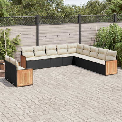 11-tlg. Garten-Sofagarnitur mit Kissen Schwarz Poly Rattan