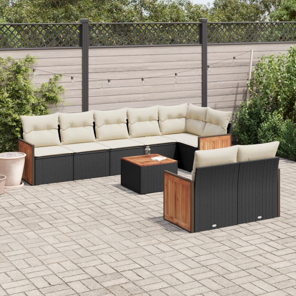 9-tlg. Garten-Sofagarnitur mit Kissen Schwarz Poly Rattan