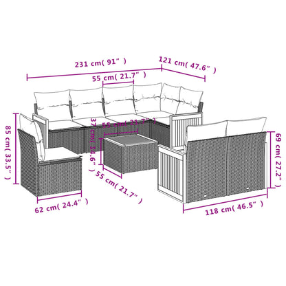 9-tlg. Garten-Sofagarnitur mit Kissen Schwarz Poly Rattan