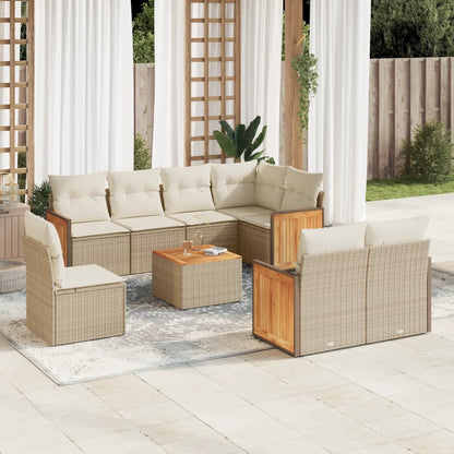 9-tlg. Garten-Sofagarnitur mit Kissen Beige Poly Rattan