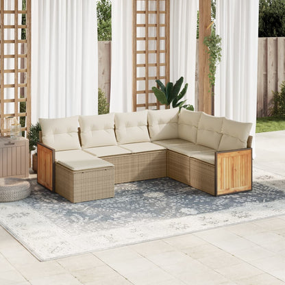 7-tlg. Garten-Sofagarnitur mit Kissen Beige Poly Rattan