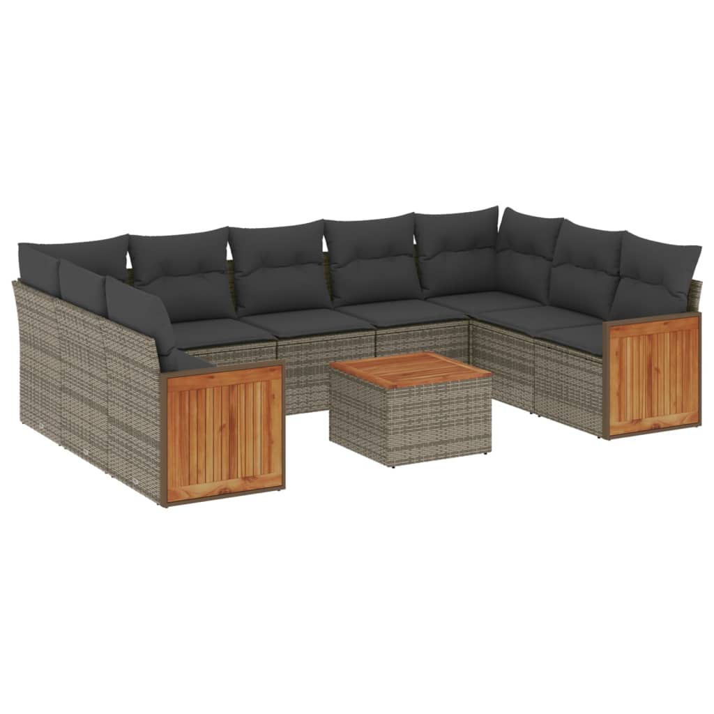 10-tlg. Garten-Sofagarnitur mit Kissen Grau Poly Rattan