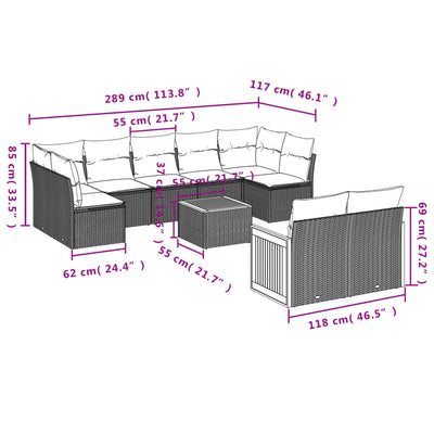 10-tlg. Garten-Sofagarnitur mit Kissen Schwarz Poly Rattan