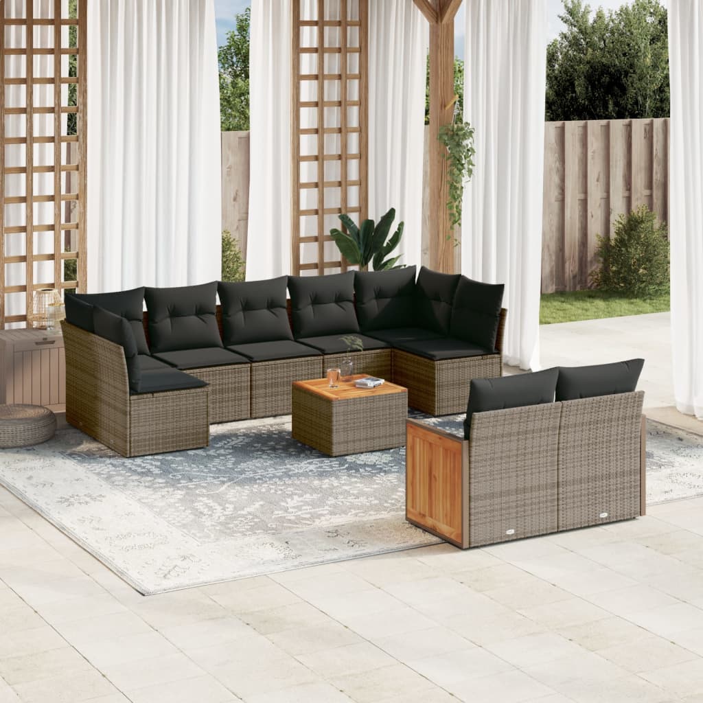 10-tlg. Garten-Sofagarnitur mit Kissen Grau Poly Rattan