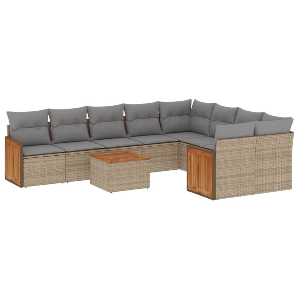 10-tlg. Garten-Sofagarnitur mit Kissen Beige Poly Rattan