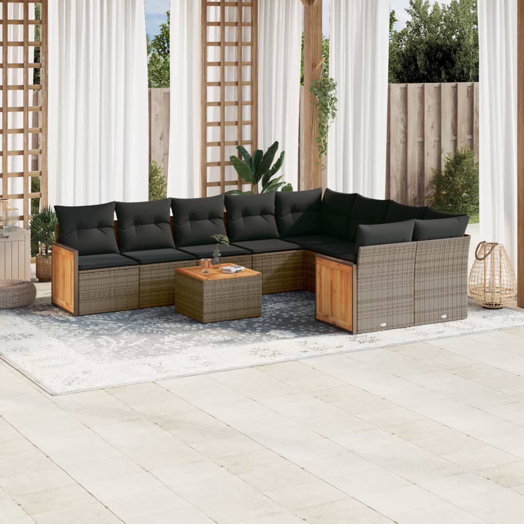 10-tlg. Garten-Sofagarnitur mit Kissen Grau Poly Rattan