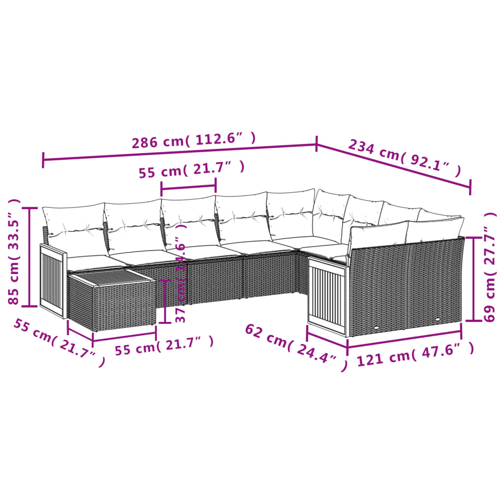 10-tlg. Garten-Sofagarnitur mit Kissen Schwarz Poly Rattan