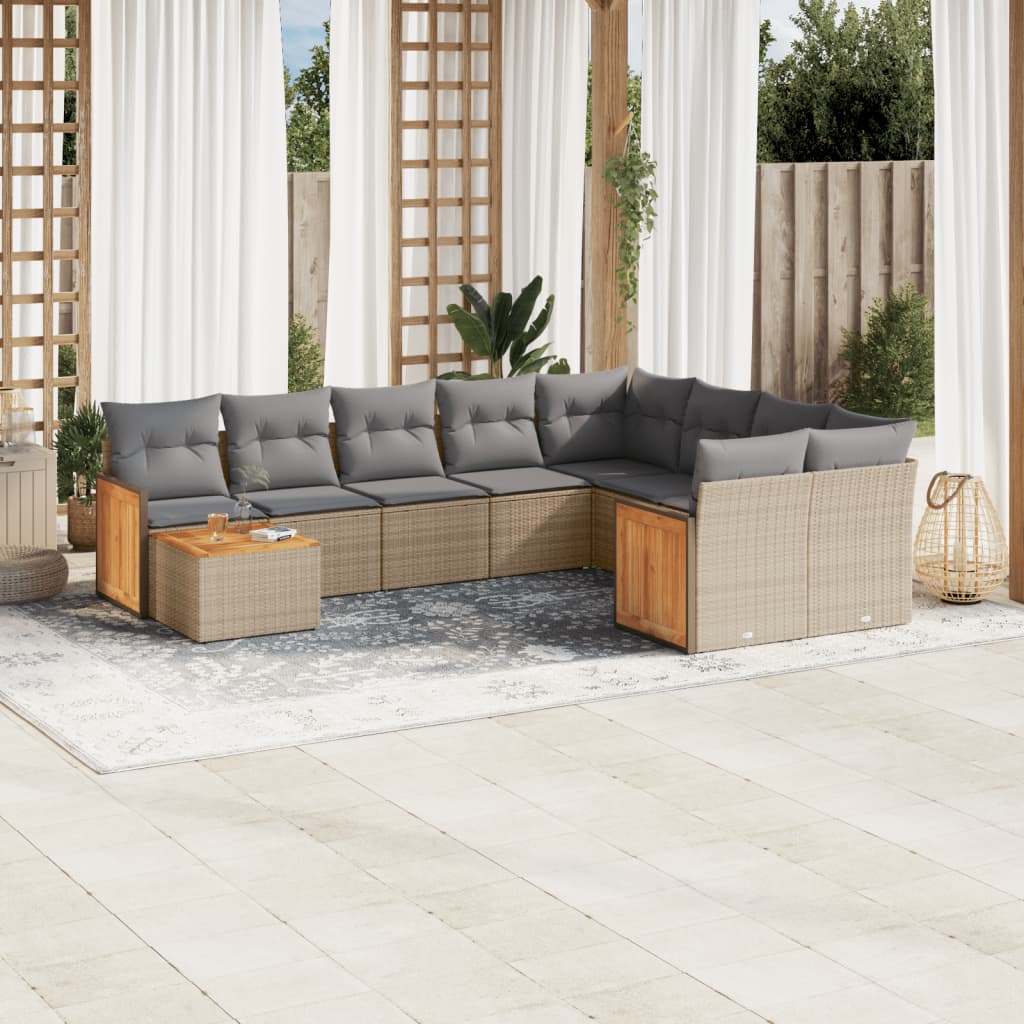 10-tlg. Garten-Sofagarnitur mit Kissen Beige Poly Rattan