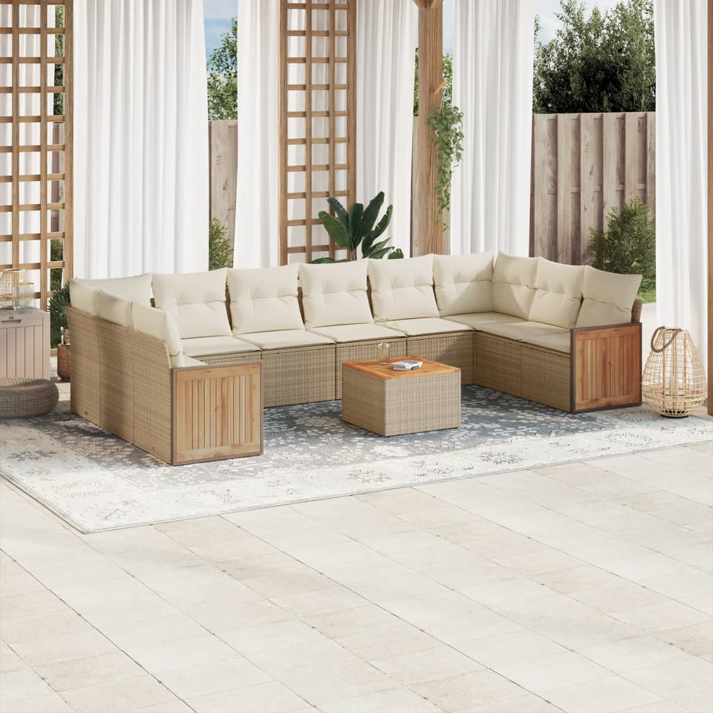 11-tlg. Garten-Sofagarnitur mit Kissen Beige Poly Rattan