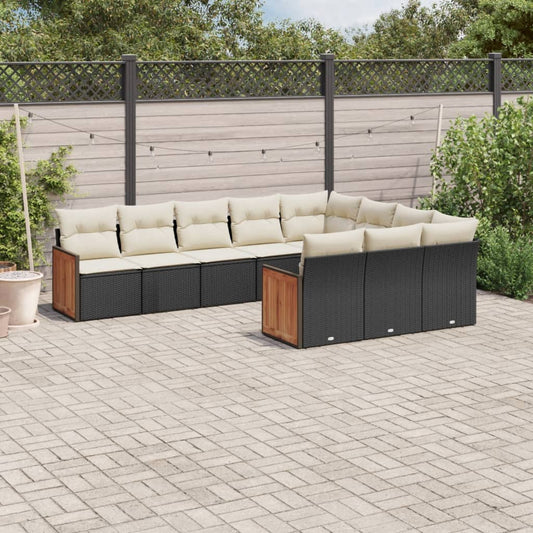 10-tlg. Garten-Sofagarnitur mit Kissen Schwarz Poly Rattan