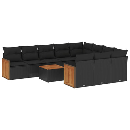 11-tlg. Garten-Sofagarnitur mit Kissen Schwarz Poly Rattan