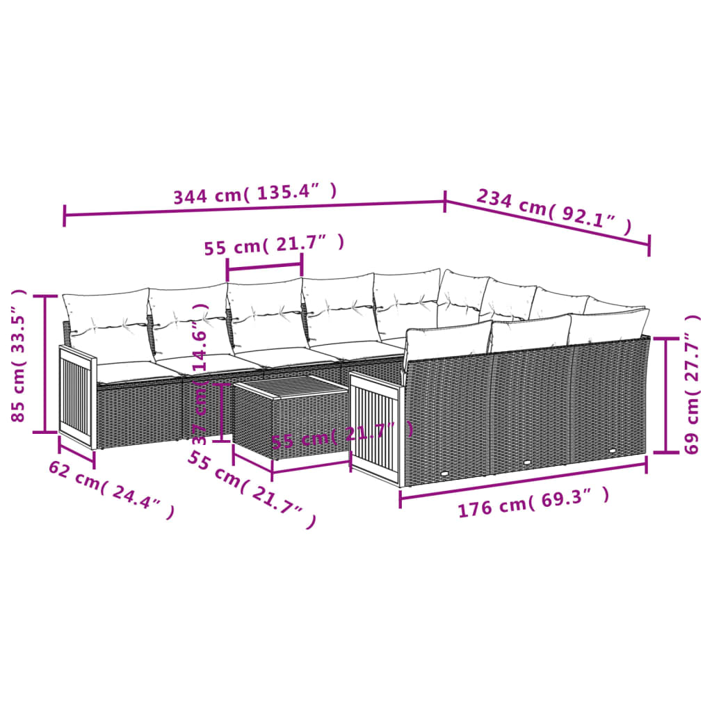 11-tlg. Garten-Sofagarnitur mit Kissen Schwarz Poly Rattan