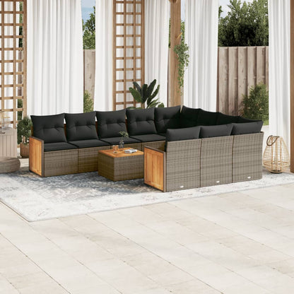 11-tlg. Garten-Sofagarnitur mit Kissen Grau Poly Rattan