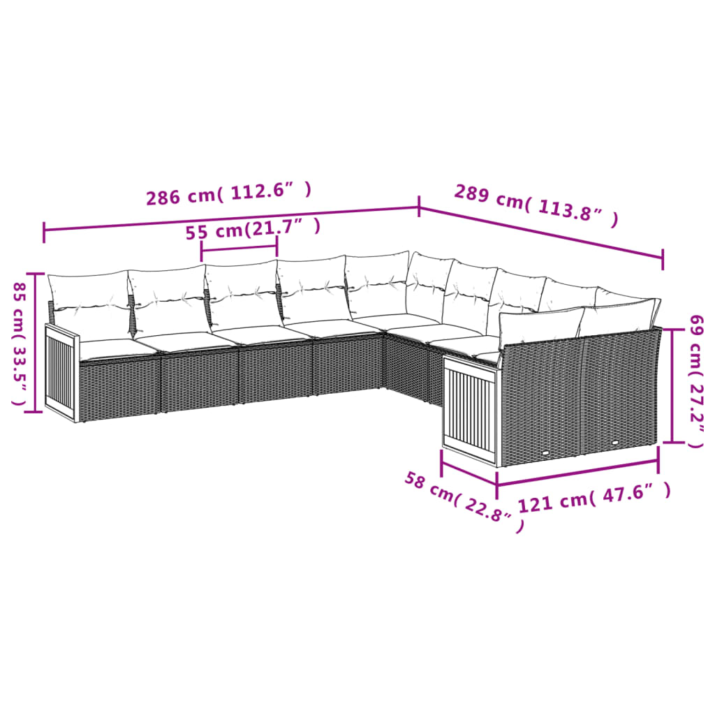 10-tlg. Garten-Sofagarnitur mit Kissen Schwarz Poly Rattan