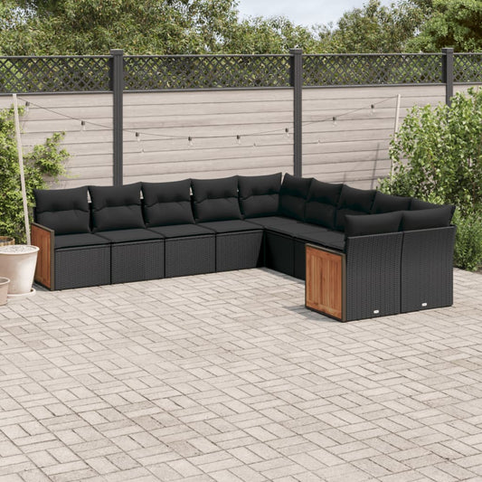 10-tlg. Garten-Sofagarnitur mit Kissen Schwarz Poly Rattan