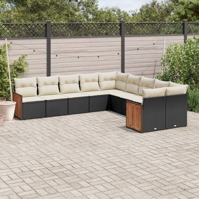 10-tlg. Garten-Sofagarnitur mit Kissen Schwarz Poly Rattan