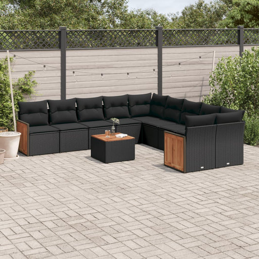 11-tlg. Garten-Sofagarnitur mit Kissen Schwarz Poly Rattan