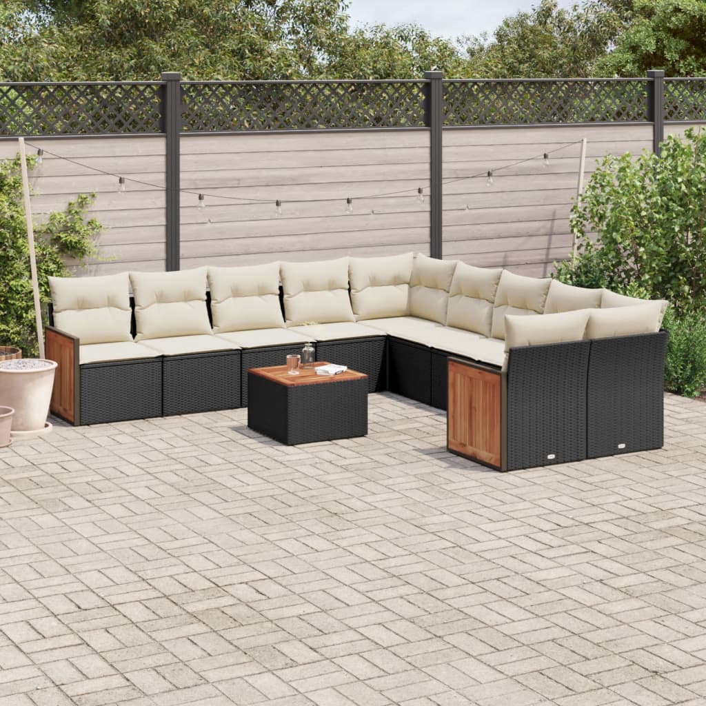 11-tlg. Garten-Sofagarnitur mit Kissen Schwarz Poly Rattan