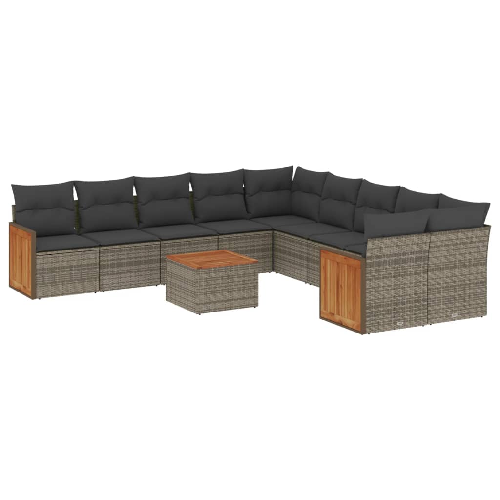 11-tlg. Garten-Sofagarnitur mit Kissen Grau Poly Rattan