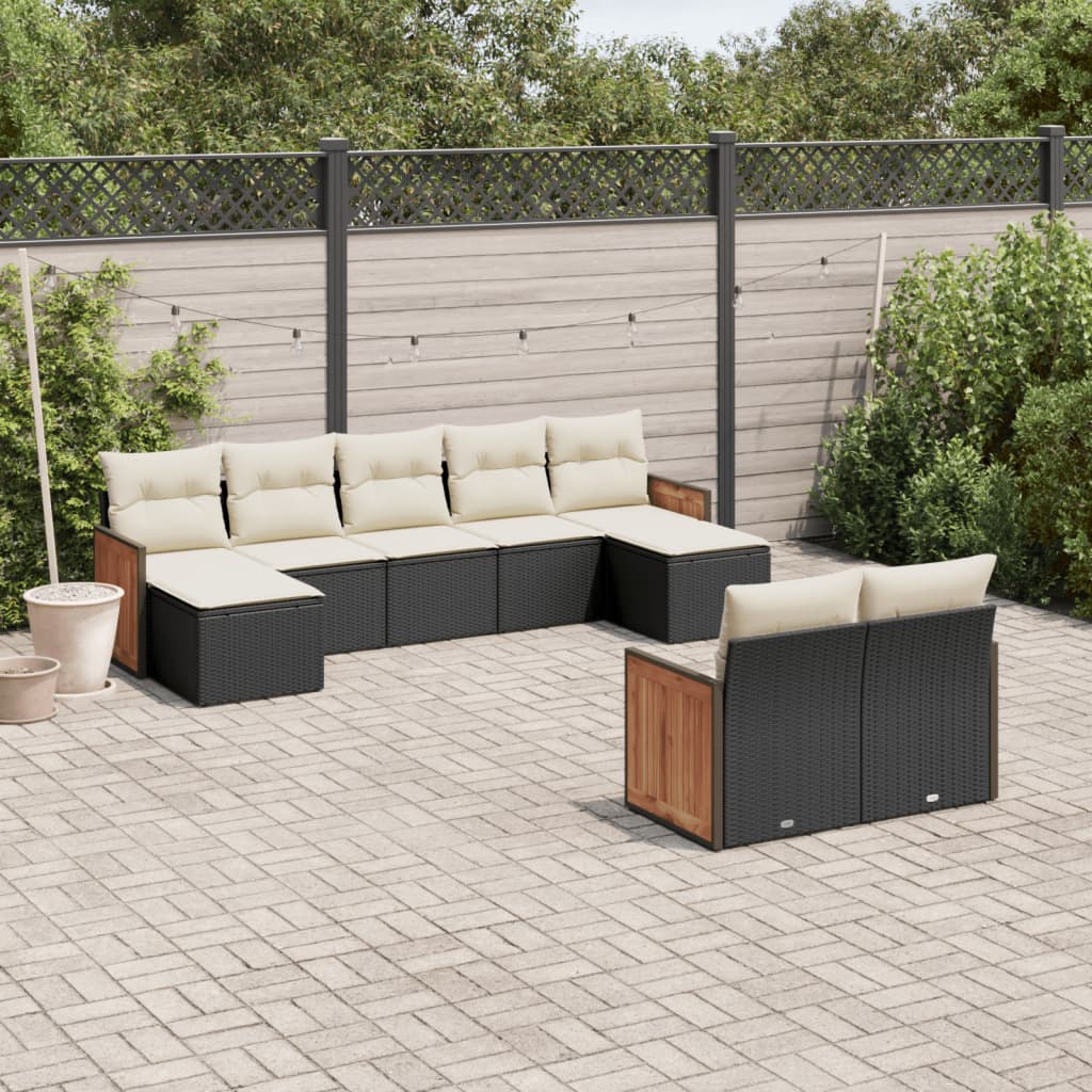 9-tlg. Garten-Sofagarnitur mit Kissen Schwarz Poly Rattan