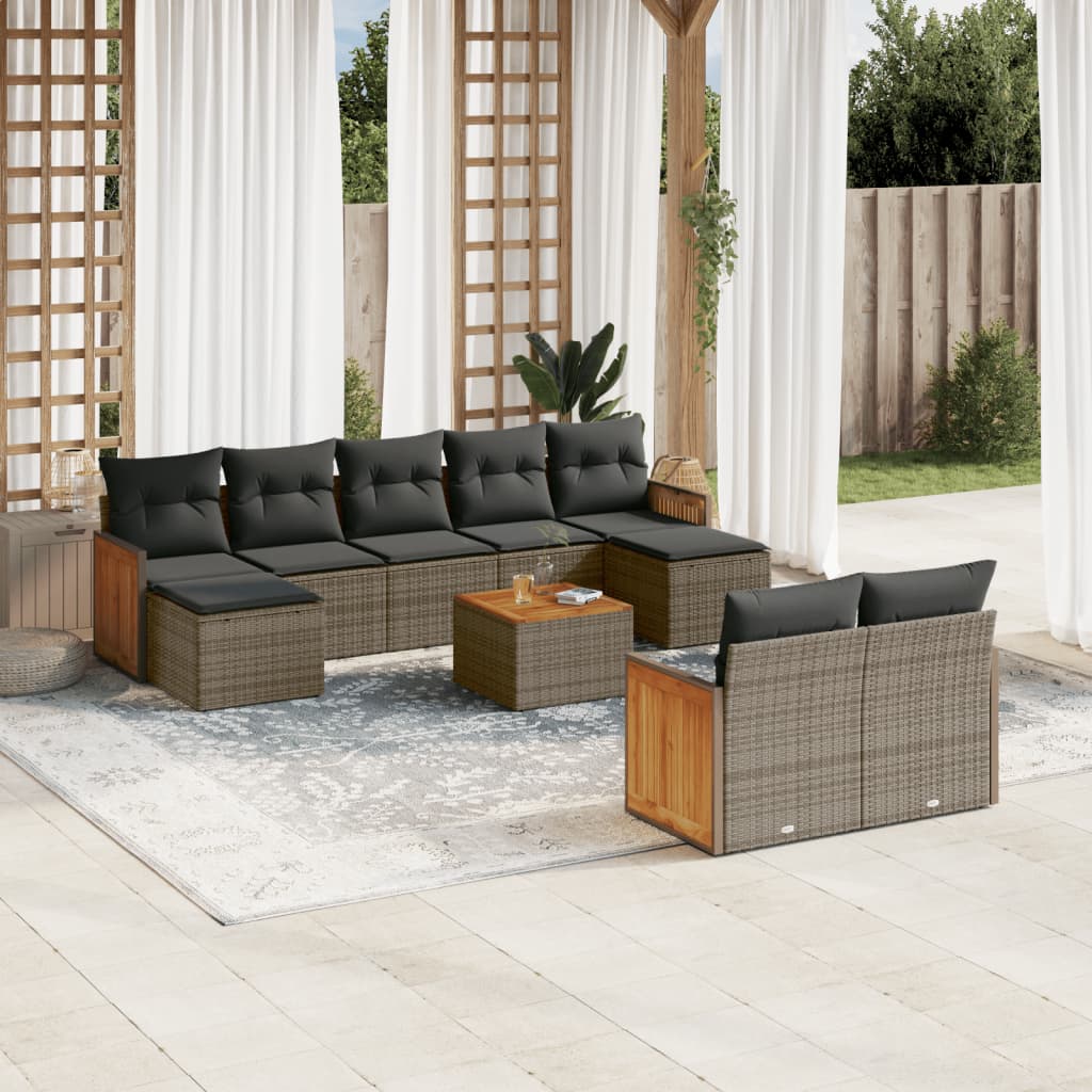 10-tlg. Garten-Sofagarnitur mit Kissen Grau Poly Rattan