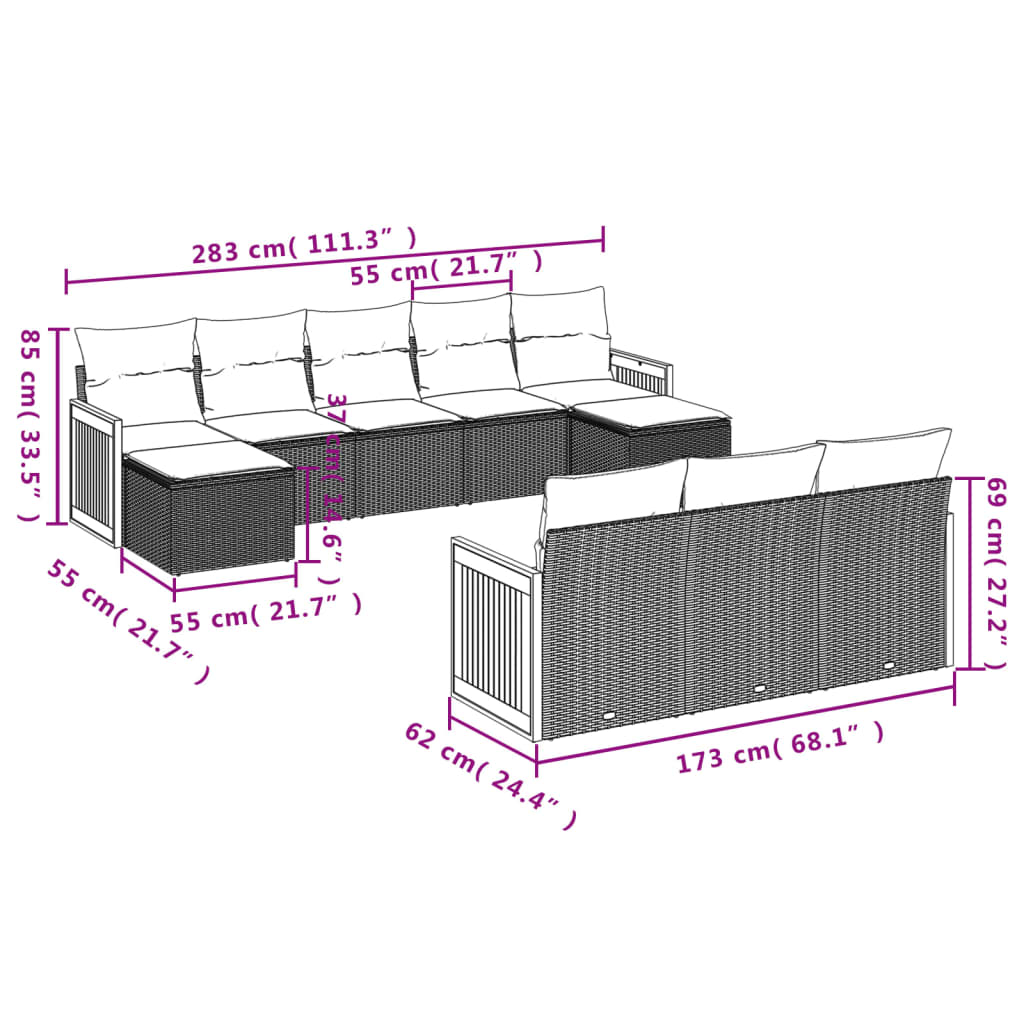 10-tlg. Garten-Sofagarnitur mit Kissen Schwarz Poly Rattan