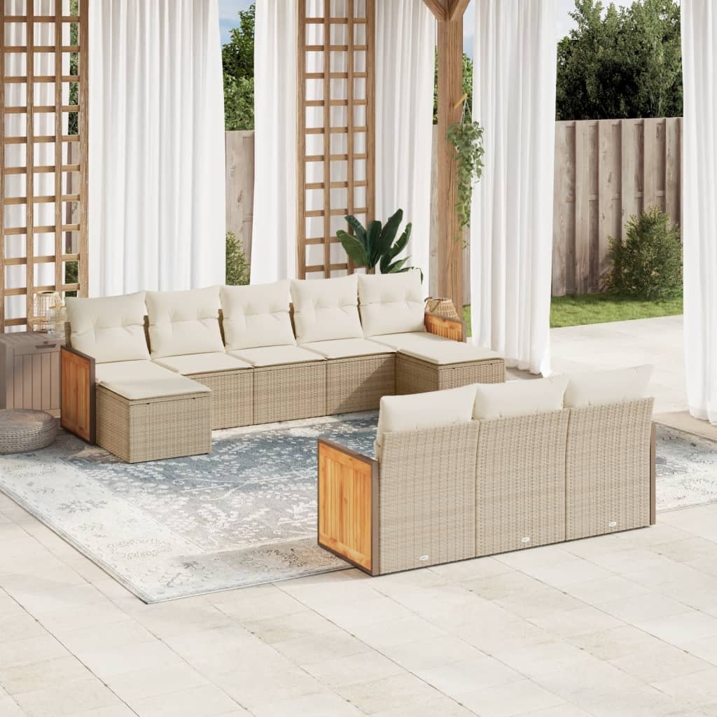 10-tlg. Garten-Sofagarnitur mit Kissen Beige Poly Rattan