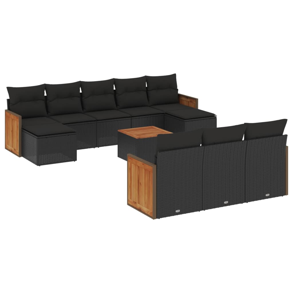 11-tlg. Garten-Sofagarnitur mit Kissen Schwarz Poly Rattan