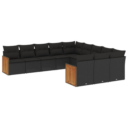 11-tlg. Garten-Sofagarnitur mit Kissen Schwarz Poly Rattan