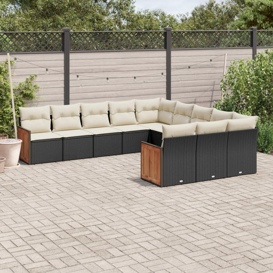 11-tlg. Garten-Sofagarnitur mit Kissen Schwarz Poly Rattan