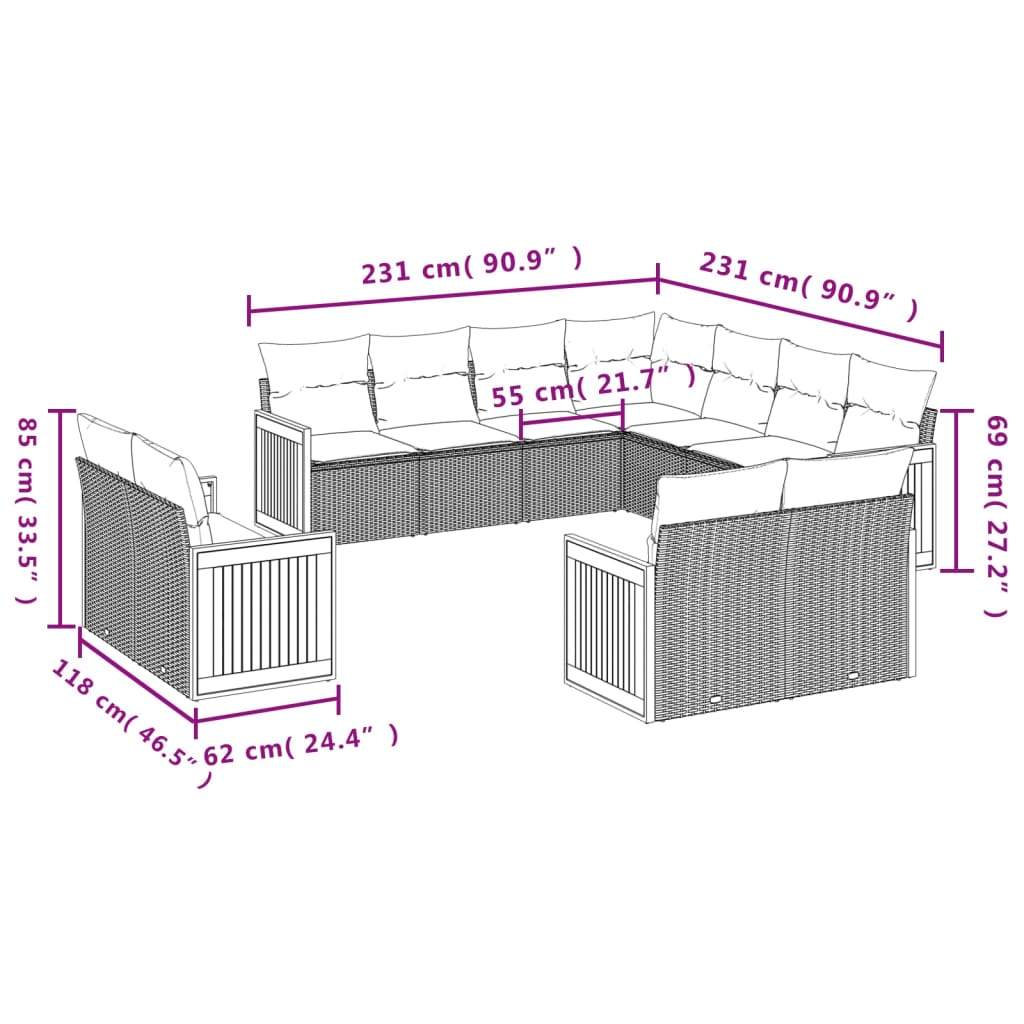 11-tlg. Garten-Sofagarnitur mit Kissen Beige Poly Rattan