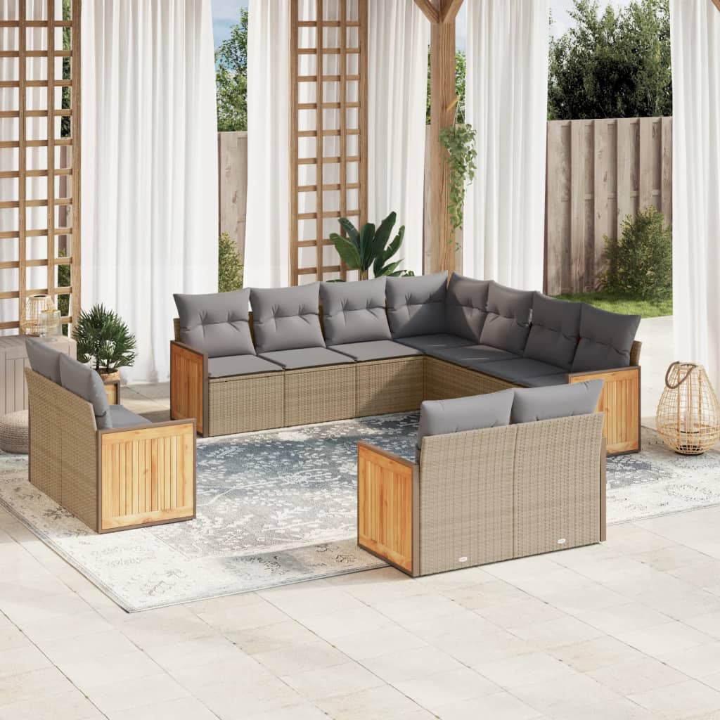 11-tlg. Garten-Sofagarnitur mit Kissen Beige Poly Rattan