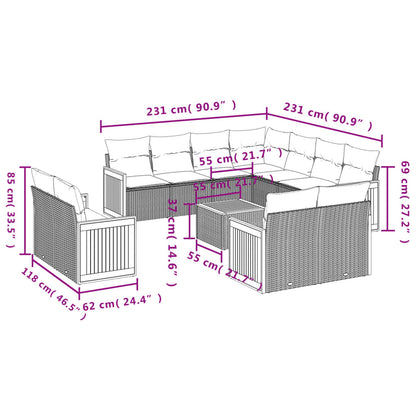 12-tlg. Garten-Sofagarnitur mit Kissen Grau Poly Rattan