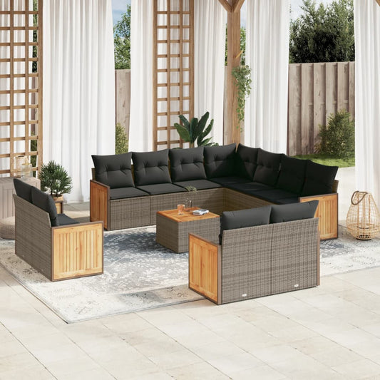 12-tlg. Garten-Sofagarnitur mit Kissen Grau Poly Rattan