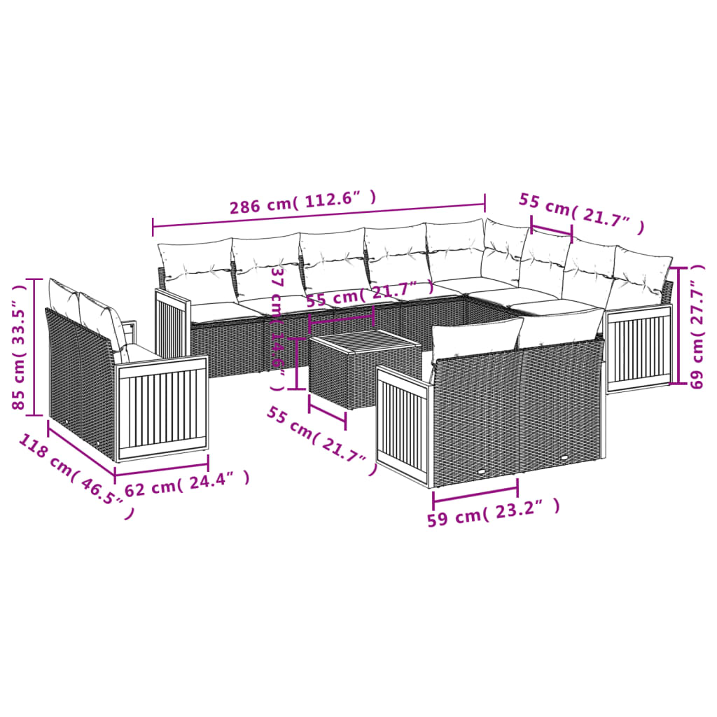 13-tlg. Garten-Sofagarnitur mit Kissen Grau Poly Rattan