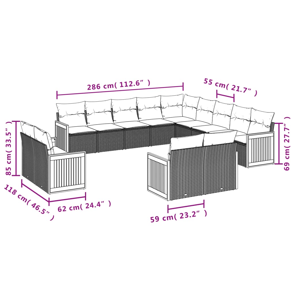 13-tlg. Garten-Sofagarnitur mit Kissen Beige Poly Rattan