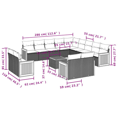 14-tlg. Garten-Sofagarnitur mit Kissen Grau Poly Rattan