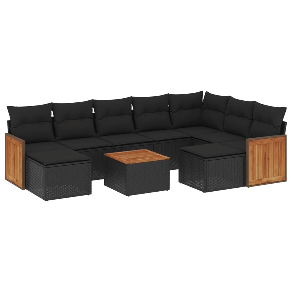 10-tlg. Garten-Sofagarnitur mit Kissen Schwarz Poly Rattan