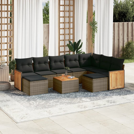 10-tlg. Garten-Sofagarnitur mit Kissen Grau Poly Rattan