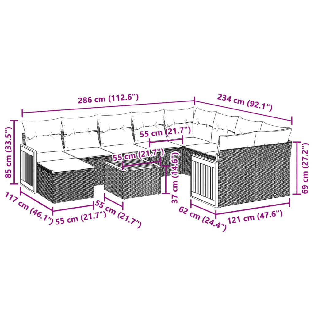 11-tlg. Garten-Sofagarnitur mit Kissen Schwarz Poly Rattan