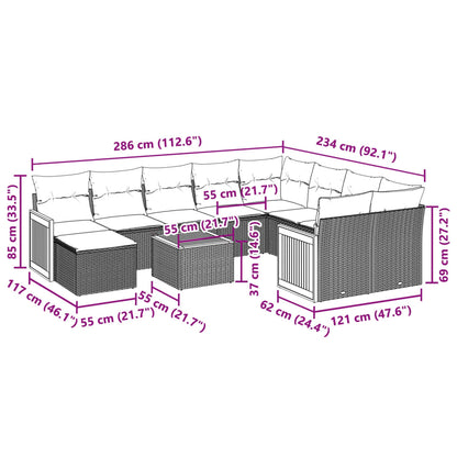 11-tlg. Garten-Sofagarnitur mit Kissen Schwarz Poly Rattan