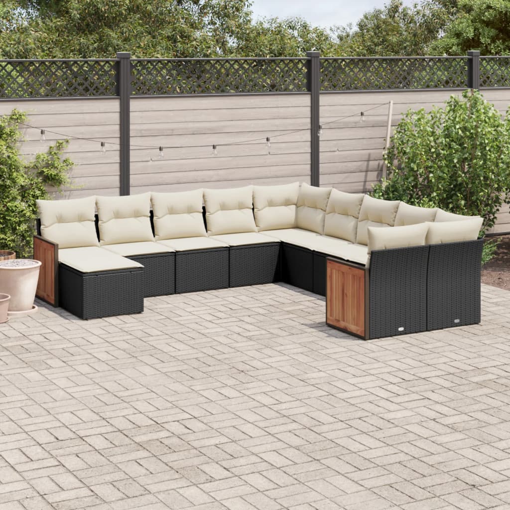 11-tlg. Garten-Sofagarnitur mit Kissen Schwarz Poly Rattan