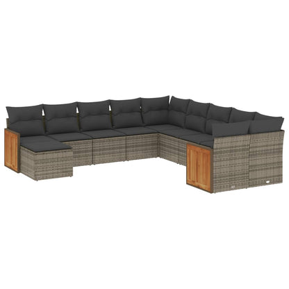 11-tlg. Garten-Sofagarnitur mit Kissen Grau Poly Rattan