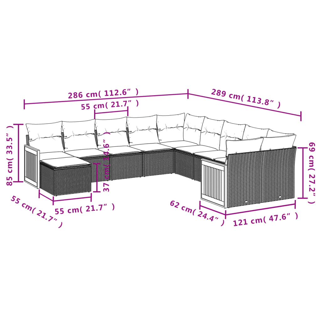 11-tlg. Garten-Sofagarnitur mit Kissen Grau Poly Rattan