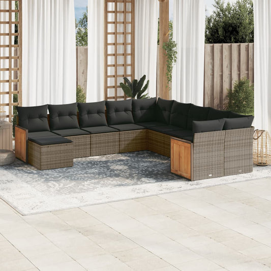 11-tlg. Garten-Sofagarnitur mit Kissen Grau Poly Rattan